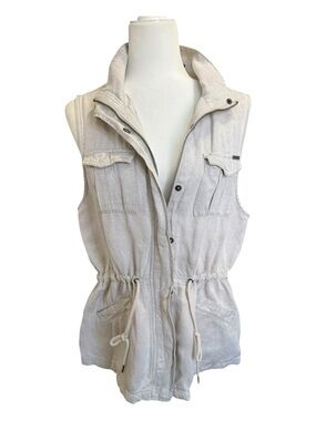 Max Jeans Linen Blend Utility Vest Beige Military Safari Jacket SleevelessL NWOT